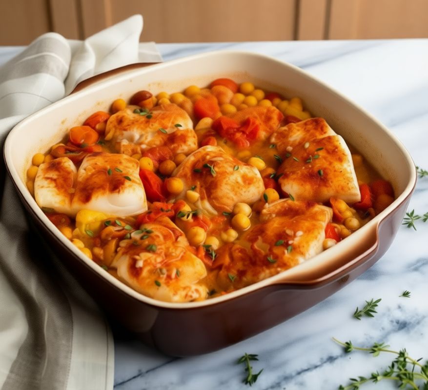 Запеченная треска с помидорами и нутом