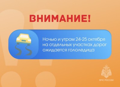 Ночью и утром 24-25 октября на отдельных участках дорог ожидается гололедица