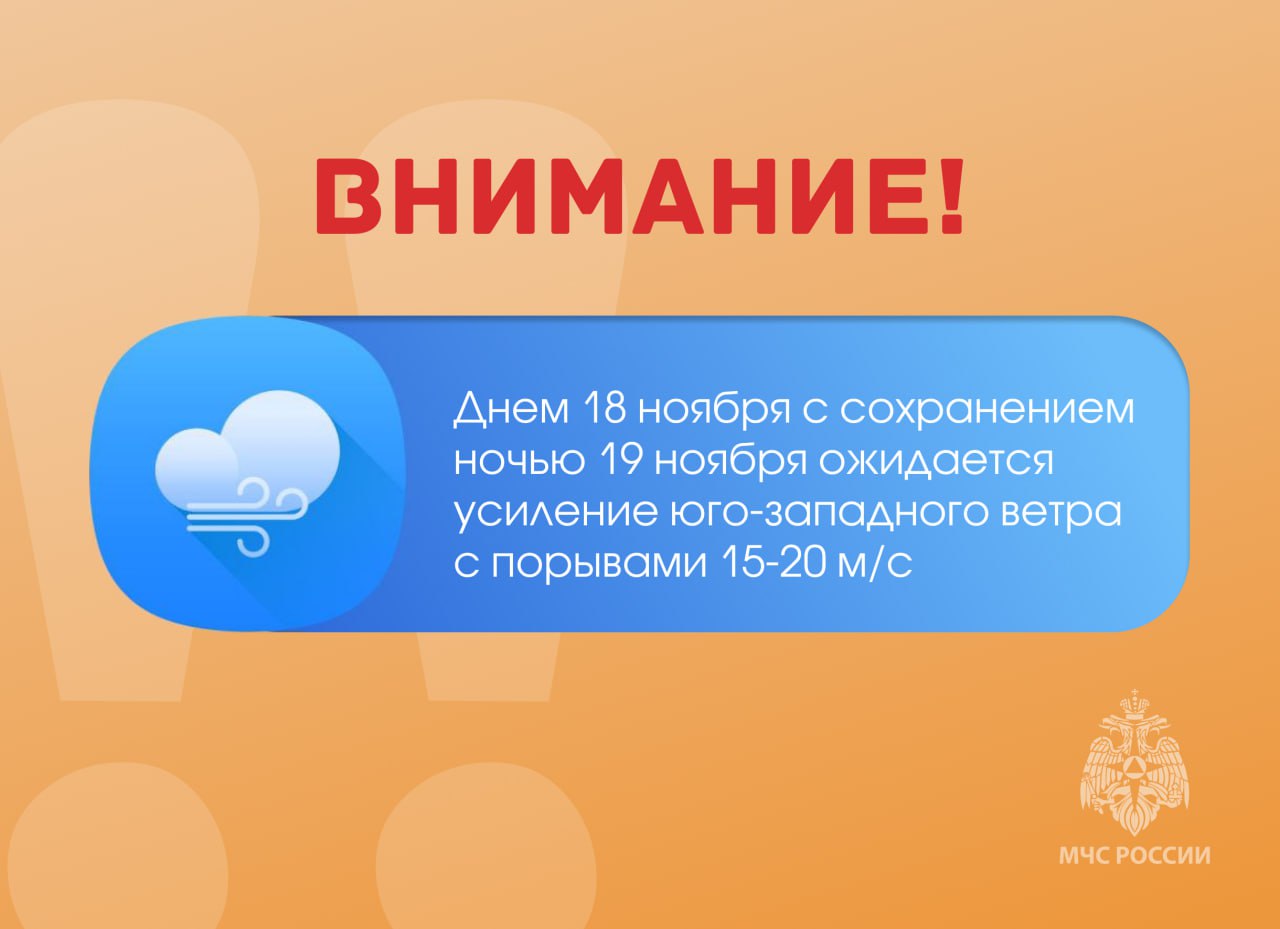 Днем 18 ноября с сохранением ночью 19 ноября ожидается усиление юго-западного ветра с порывами 15-20 м/с
