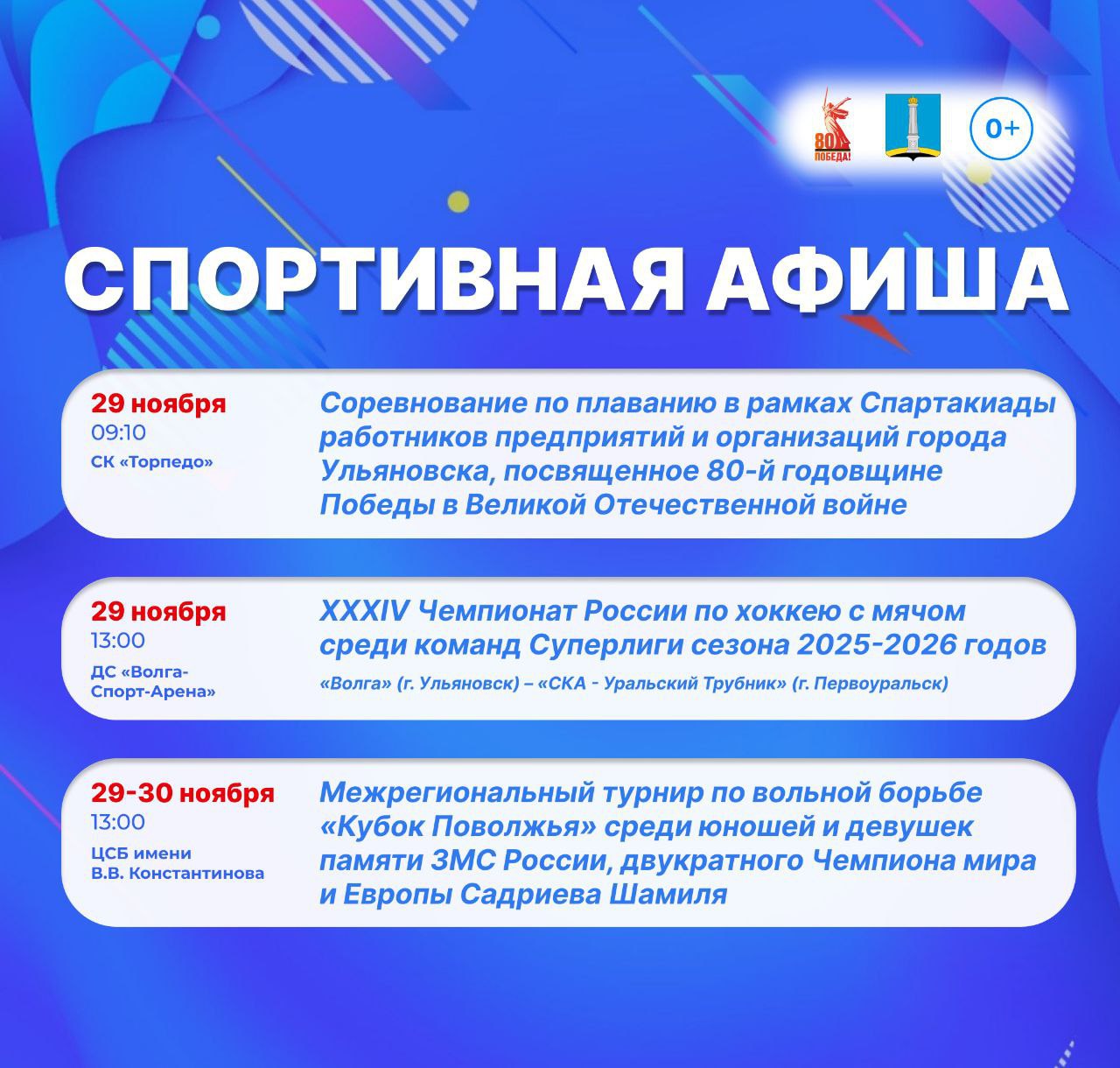 Афиша спортивных мероприятий на выходные