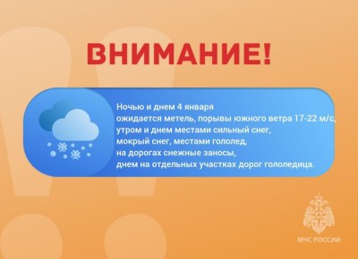 Ожидается «желтый» уровень опасности: ночью и днем 4 января ожидается метель, порывы южного ветра 17-22 м/с, утром и днем местами сильный снег, мокрый снег, местами гололед, на дорогах снежные заносы, днем на отдельных...
