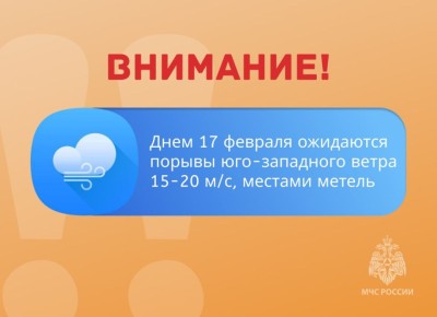 ВНИМАНИЕ. Днем 17 февраля ожидаются порывы юго-западного ветра 15-20 м/с, местами метель