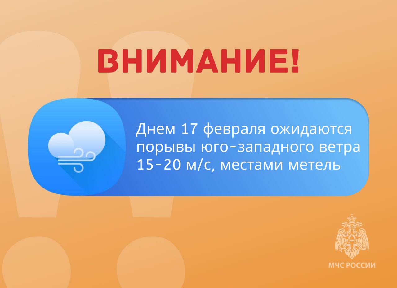ВНИМАНИЕ. Днем 17 февраля ожидаются порывы юго-западного ветра 15-20 м/с, местами метель