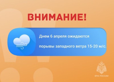 ВНИМАНИЕ. Днем 6 апреля ожидаются порывы западного ветра 15-20 м/с местами по Ульяновской области