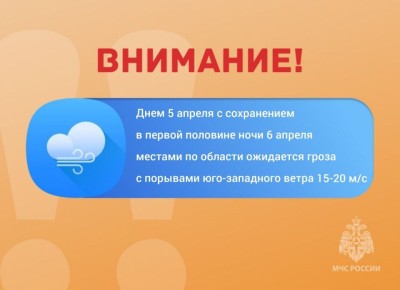 ВНИМАНИЕ. Днем 5 апреля с сохранением в первой половине ночи 6 апреля местами по области ожидается гроза с порывами юго-западного ветра 15-20 м/с