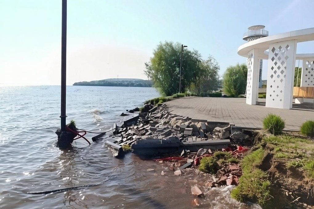 В Сенгилее обрушилась часть площадки у ротонды — прогулочную зону размыло из-за подъема Волги и дождей